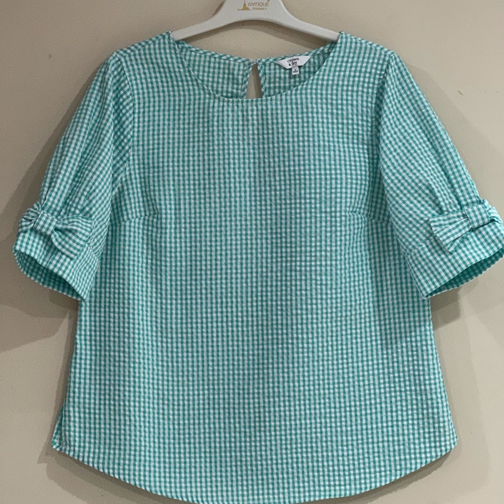 Women’s White Green chekered Short Sleeves Blouse Size Small